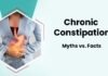 Visual representation of a woman with stomach pain highlighting chronic constipation myths vs. facts