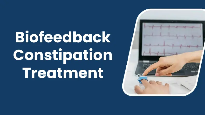 Biofeedback therapy for constipation treatment shown on a computer screen with a pulse sensor.